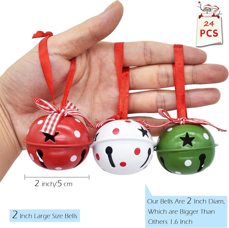 MACLARONX 24 Pcs Christmas Jingle Bells 2" Star Cutouts Metal Decorative Bells with Ribbons Xmas Tree Ornaments for Wreath Festival Crafts Home Decorations - Image 2